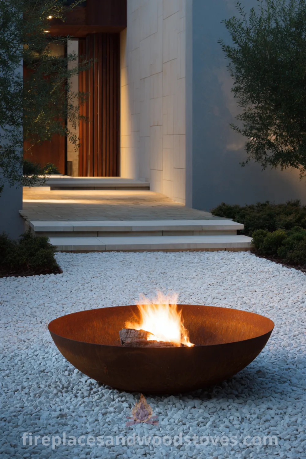 Corten steel fire bowl in white gravel setting, featuring modern minimalist fire pit, contemporary fire pit, and inviting glow evening ambiance.