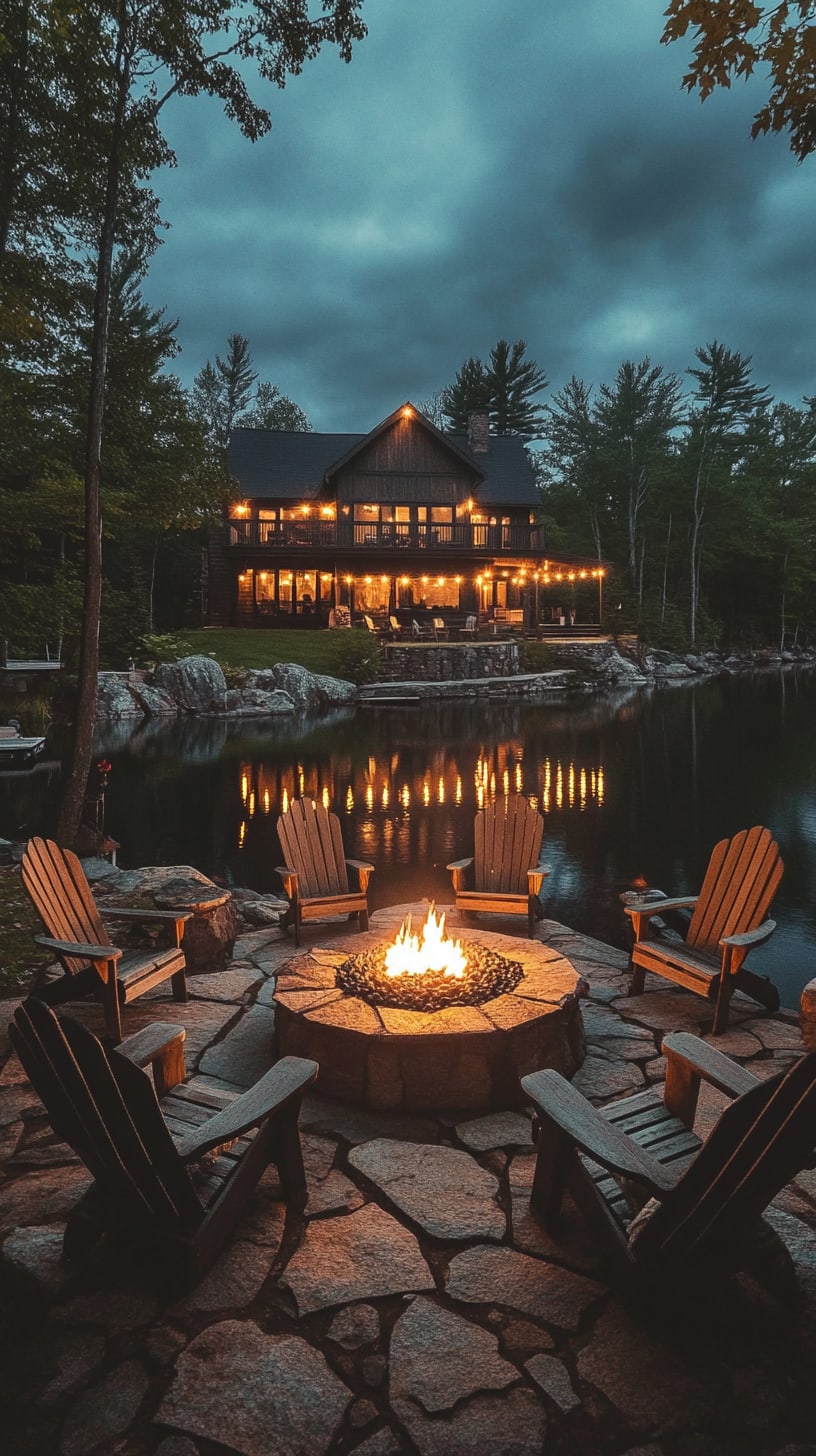 A rustic lakehouse at night with warm lights glowing from inside, a fire pit surrounded by wooden chairs, and a serene reflection in the calm water.