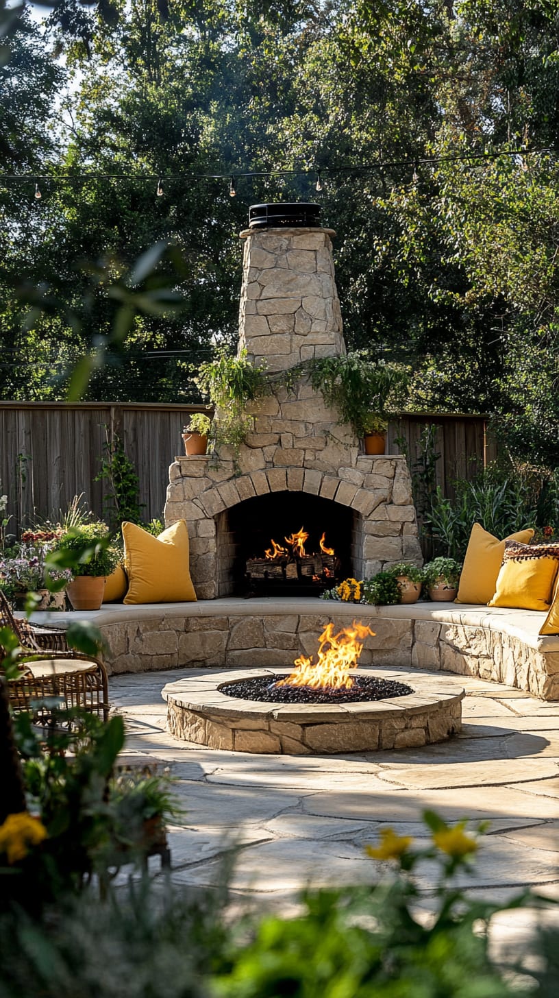 A stone outdoor fireplace surrounded by seating with yellow pillows and plants, creating an inviting atmosphere for relaxation and socializing in a backyard setting.