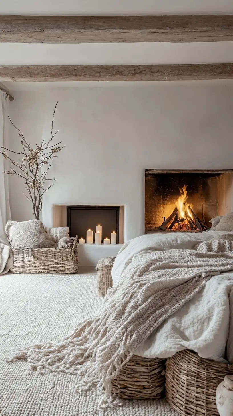 A cozy white bedroom with a fireplace, wicker baskets, and soft blankets, featuring neutral tones and wooden beams, creating a serene and inviting atmosphere.