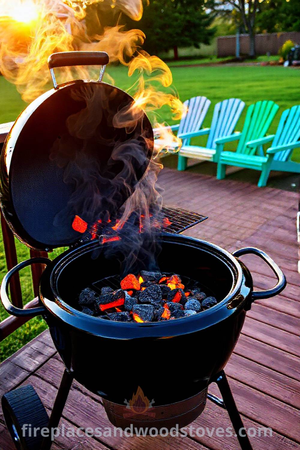 Kettle grill barbecue on a wooden deck with bright orange coals and smoke rising, surrounded by colorful picnic chairs, creating a cozy outdoor gathering atmosphere. For more cozy ideas for your home, visit fireplacesandwoodstoves.com.