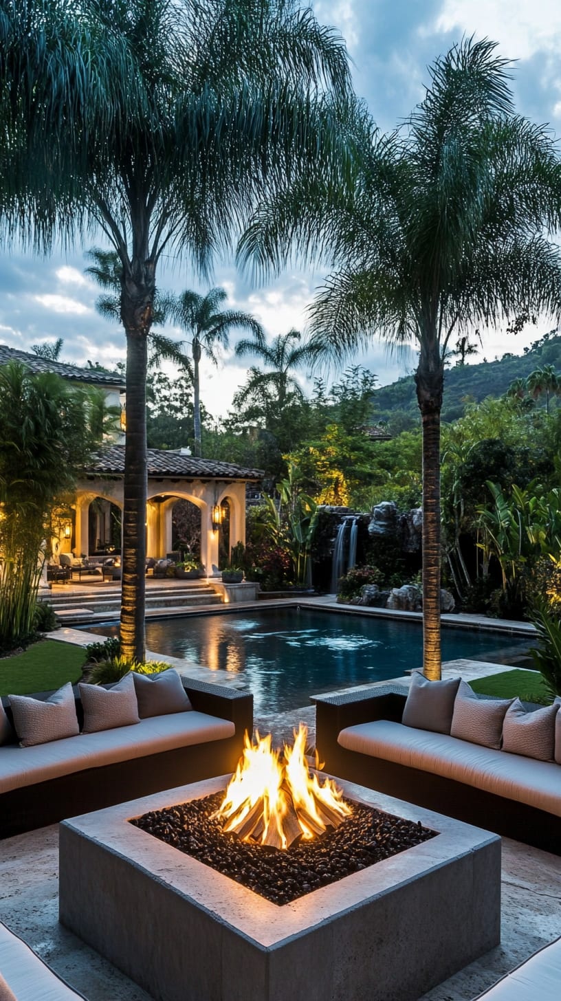 A luxurious outdoor fire pit surrounded by comfortable seating, palm trees, and a serene pool, creating an inviting atmosphere for socializing or relaxing.