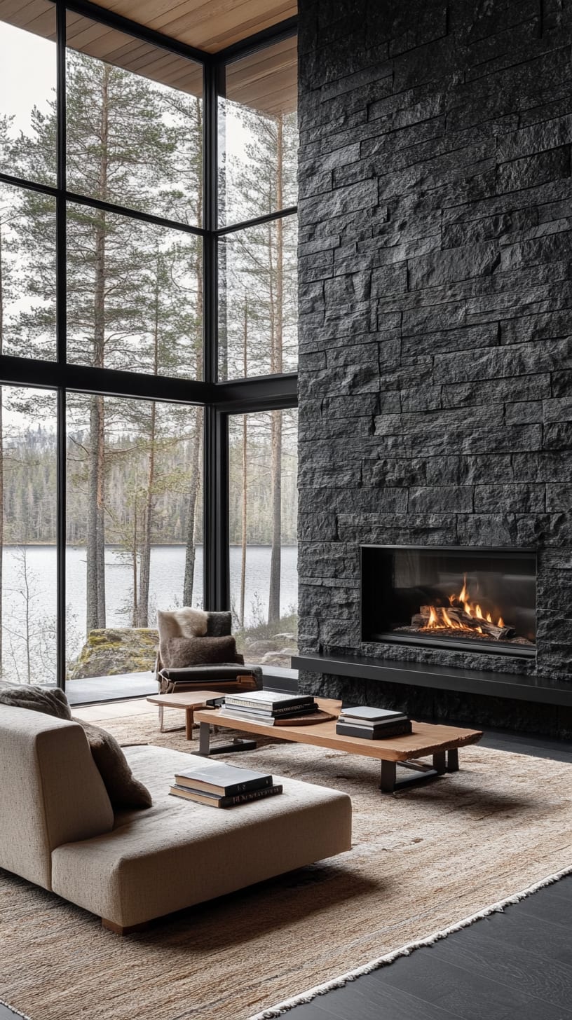 A modern living room showcasing a black stone fireplace, large windows with views of a forest and lake, and minimalist decor elements.