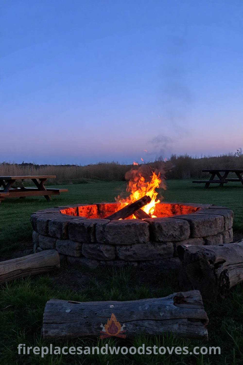 Stone fire pit surrounded by grass and picnic tables, featuring warm flickering flames and mismatched log seating, creating a cozy gathering space for friends and family. Visit patioandhomefurniture.com for stylish outdoor design ideas that will wow your guests.