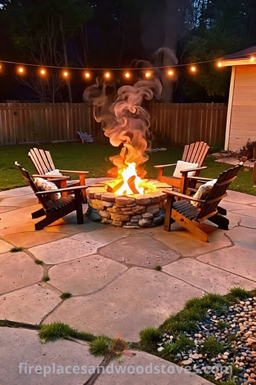 Stone wood-burning fire pit surrounded by rustic logs and worn chairs, creating a cozy gathering spot for friends in the backyard, enhanced by warm glow and natural charm. Visit patioandhomefurniture.com for stylish outdoor design ideas that will wow your guests.