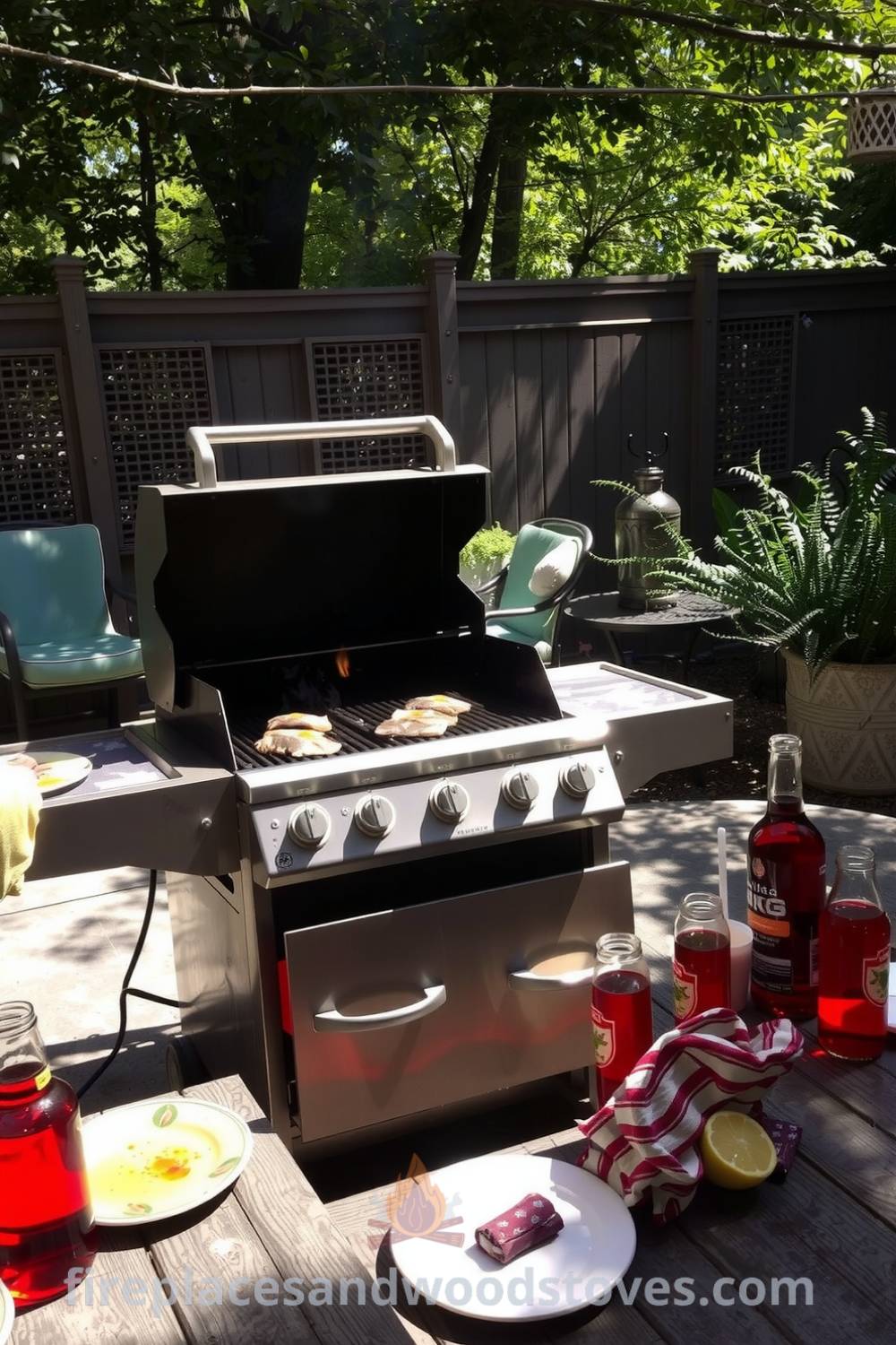 A sturdy barbecue grill on a sun-dappled patio with flickering flames, surrounded by a charming picnic table set with mismatched plates and drinks, creating a cozy and inviting atmosphere for a gathering, perfect for outdoor cookouts. Visit fireplacesandwoodstoves.com for unique decor ideas.
