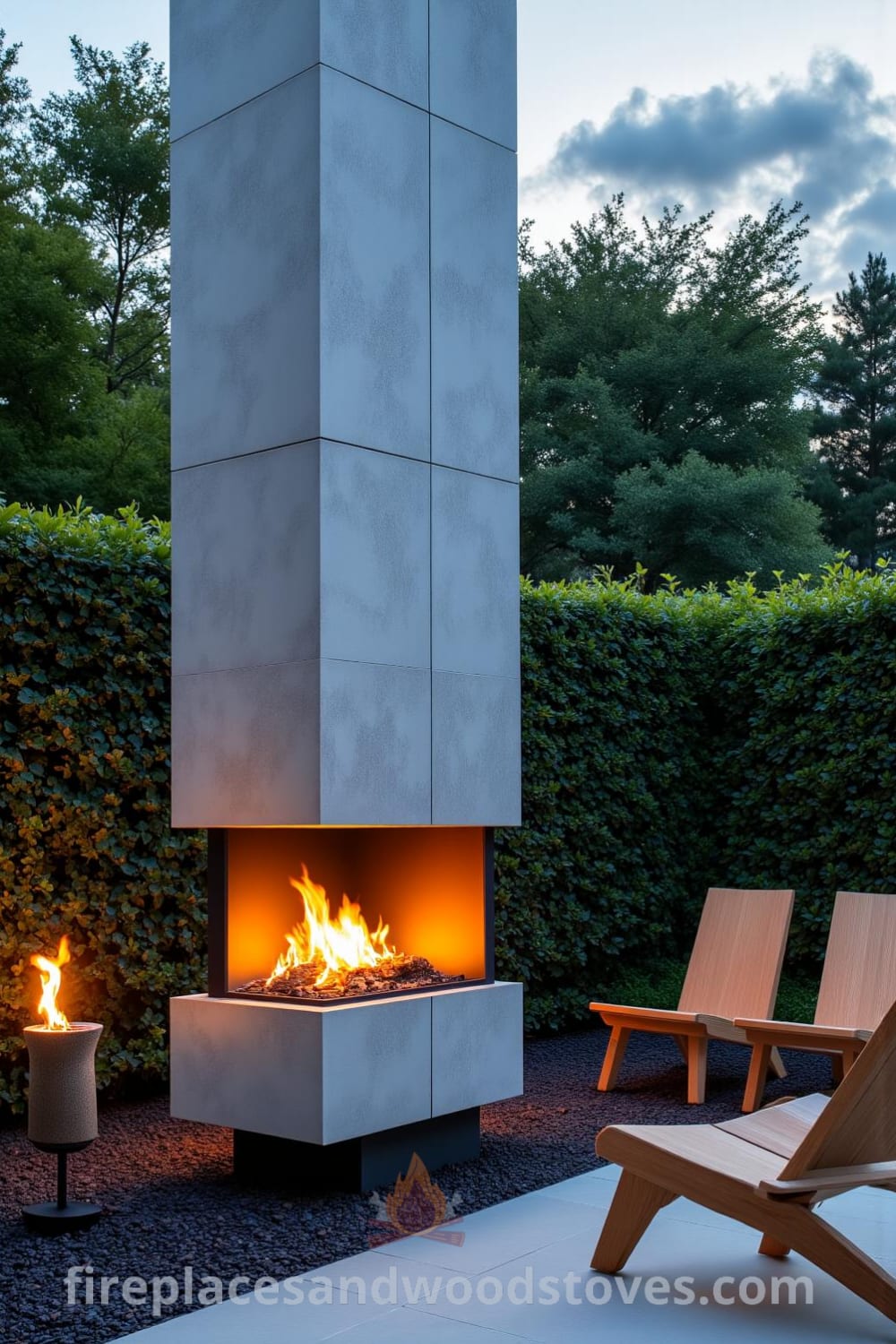 Minimalist concrete outside fireplace on a stone terrace surrounded by greenery, with flickering flames and soft smoke curling into the twilight sky. Wooden chairs invite gatherings, creating a cozy atmosphere that inspires unique decor ideas for your home. Visit fireplacesandwoodstoves.com for more inspirations.