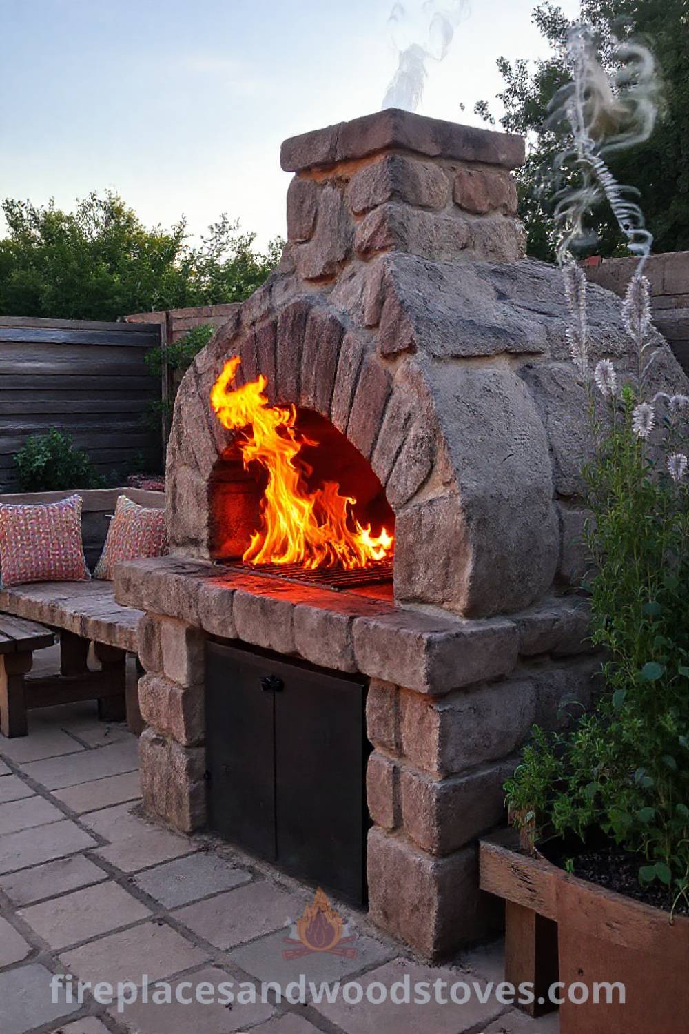 Rugged stone BBQ oven on a sun-drenched patio surrounded by colorful cushions and a thriving herb garden, creating a cozy and inviting outdoor space that inspires culinary delights. Visit patioandhomefurniture.com for stylish ideas transforming your backyard.