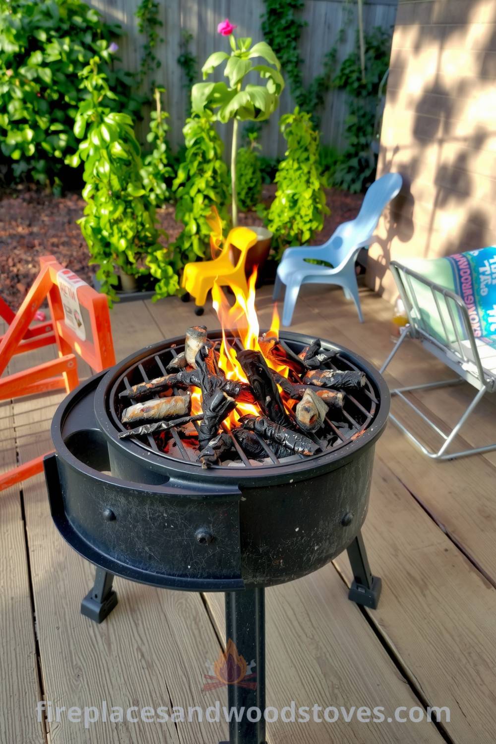Black barbecue grill on a wooden patio surrounded by mismatched chairs, with flames flickering above, a garden in the background, and a warm inviting atmosphere perfect for cozy gatherings and outdoor cooking ideas at fireplacesandwoodstoves.com.