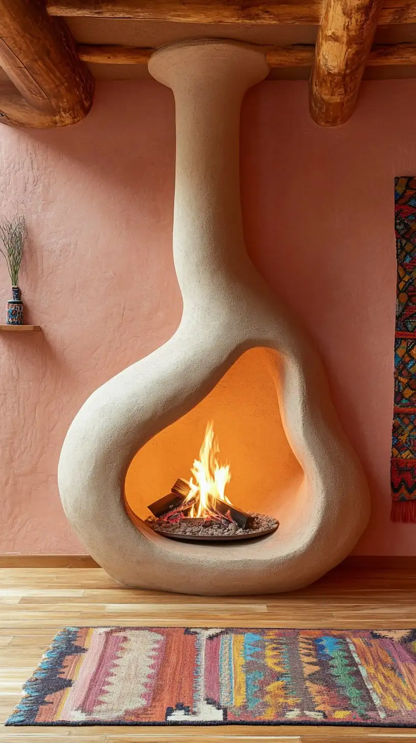 A stunning adobe-style fireplace with an organic shape, surrounded by pastel pink walls and a vibrant Mexican-patterned rug, creating a warm and inviting atmosphere.