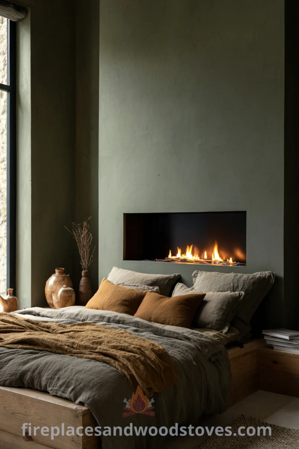 Bedroom featuring a wall-mounted ethanol fireplace, natural wood bed frame, and cozy linen bedding with calming bedroom fire, rustic scandi bedroom hearth, and serene nordic fireplace elements.