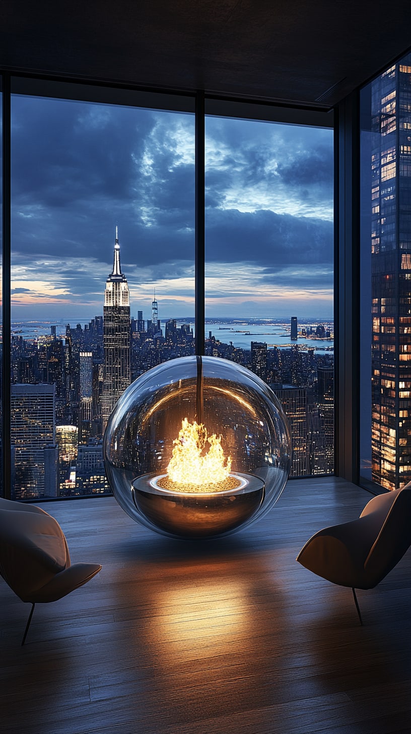 A futuristic glass bubble fireplace in a room with floor-to-ceiling windows overlooking New York City at night, surrounded by modern chairs. The fireplace emits a warm glow in a spacious, contemporary setting.