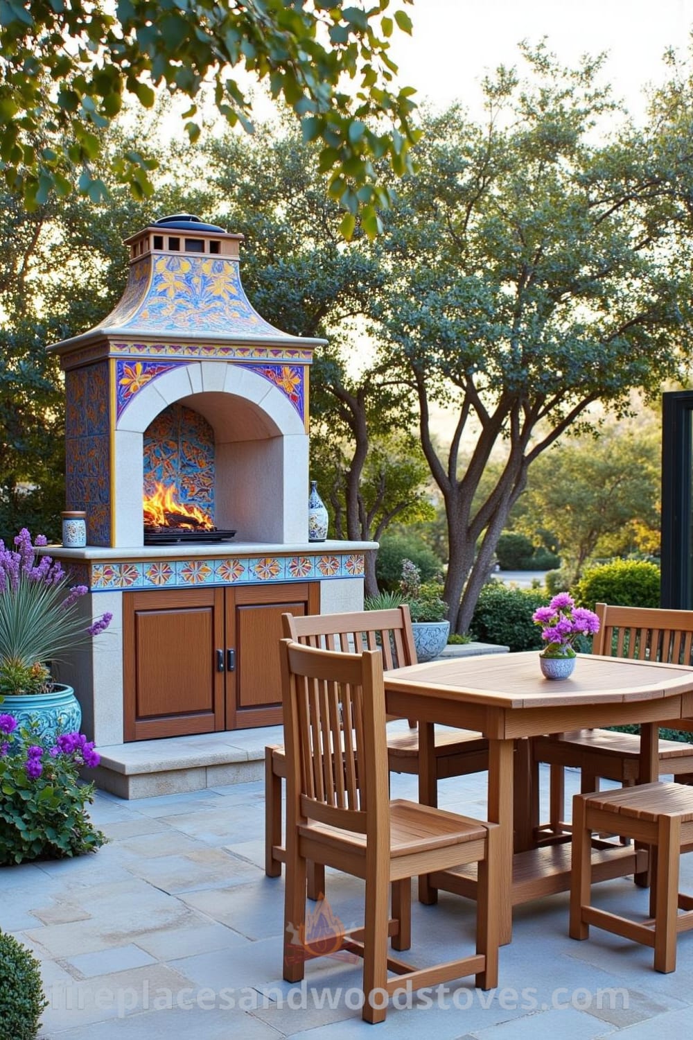 Mediterranean tile outdoor barbecue on a sunlit patio surrounded by vibrant ceramics and natural stone, featuring warm wood flames, inviting aromas, and rustic wooden furniture, offering cozy ideas for your home on fireplacesandwoodstoves.com.
