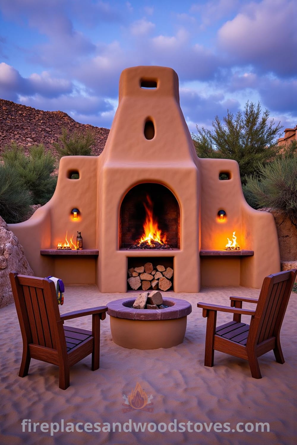 Southwestern adobe outdoor barbecue with a wood-fueled pit, rustic wooden seating, and surrounded by earthy tones of sand and rock under a starry desert sky, radiating a cozy atmosphere, ideal for gatherings. Visit fireplacesandwoodstoves.com for unique ideas and decor inspirations.