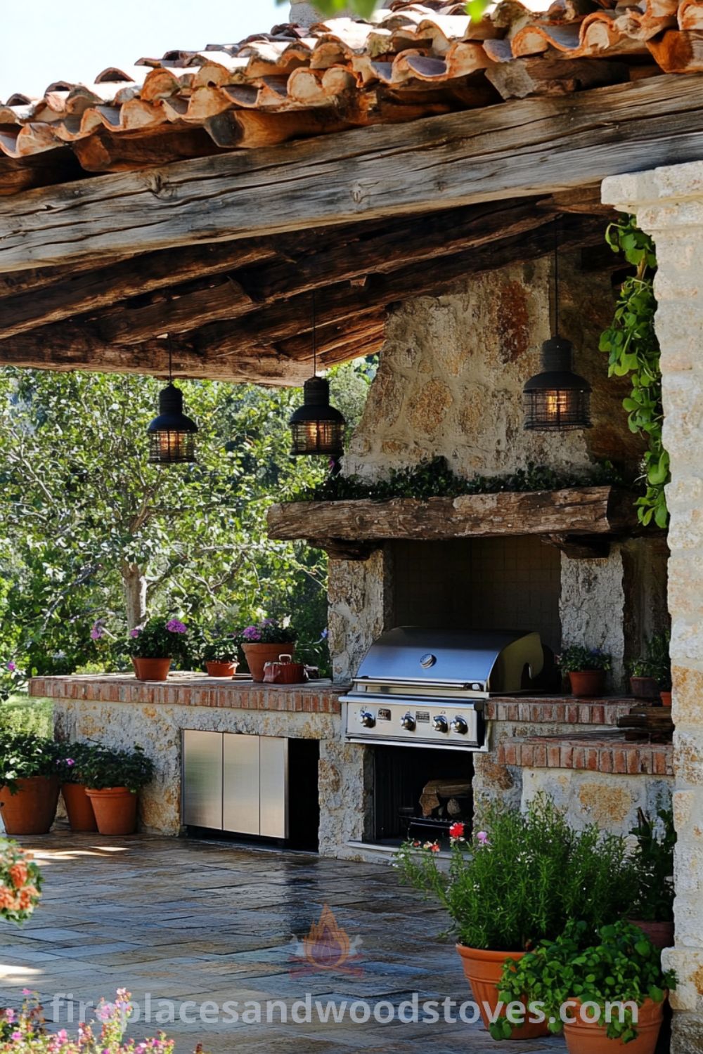Charming covered patio kitchen on fireplacesandwoodstoves.com, showcasing a rustic kitchen design, grilling area, and cozy outdoor dining inspirations for your home.