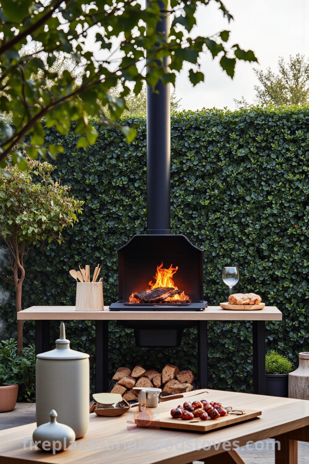 Scandinavian minimalist outdoor barbecue nestled in a serene backyard, framed by lush greenery, featuring clean lines, naturally charred wood, a flickering wood-burning fire, and a rustic wooden table with grilling tools, creating cozy ideas and inspiring decor inspirations for your home at fireplacesandwoodstoves.com.