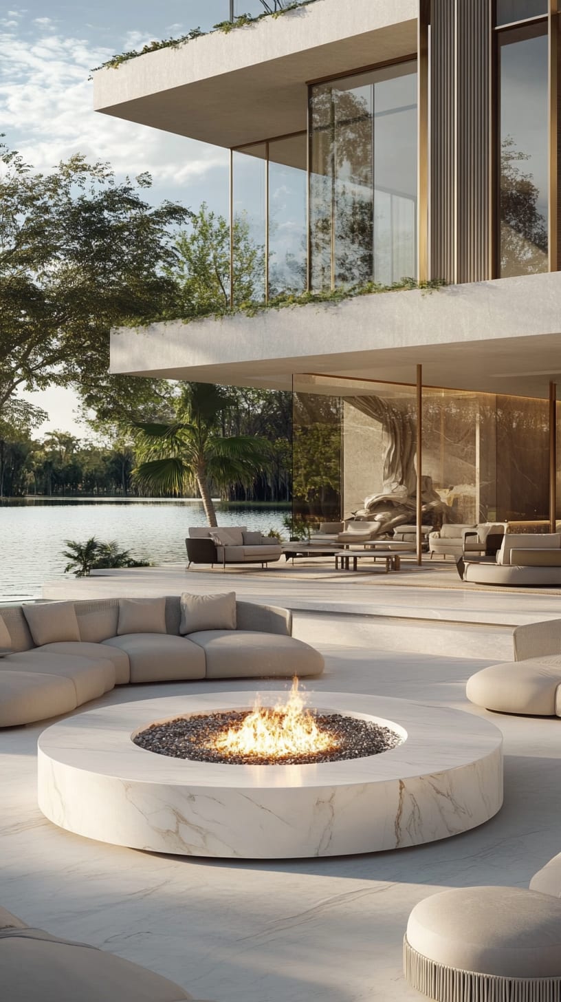 A modern home with a white marble fire pit in an outdoor area, surrounded by stylish seating and large windows overlooking a serene lake.