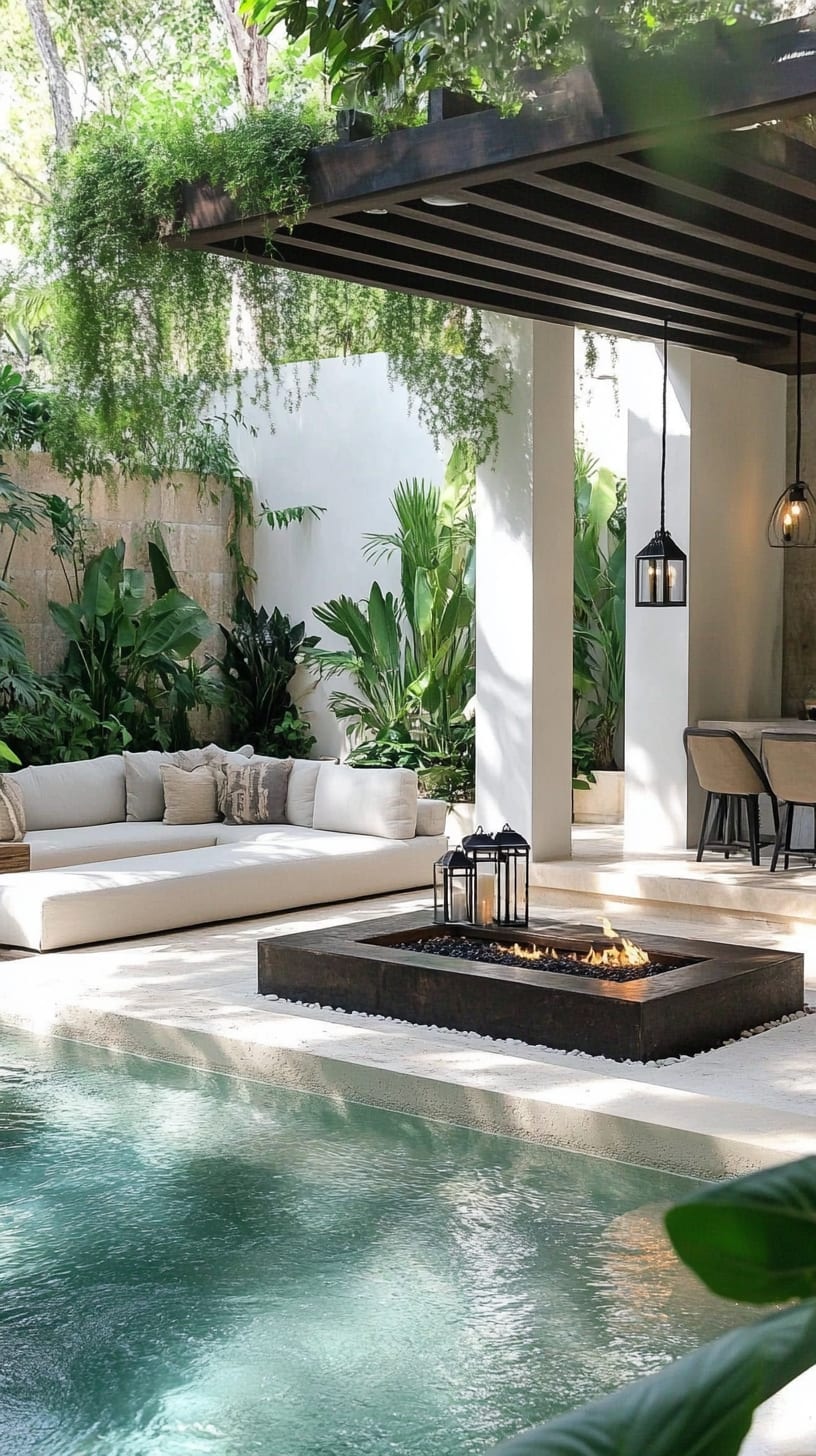 A modern outdoor living area featuring a white sofa, fire pit, black hanging lights, and lush greenery, designed for relaxation and entertainment.
