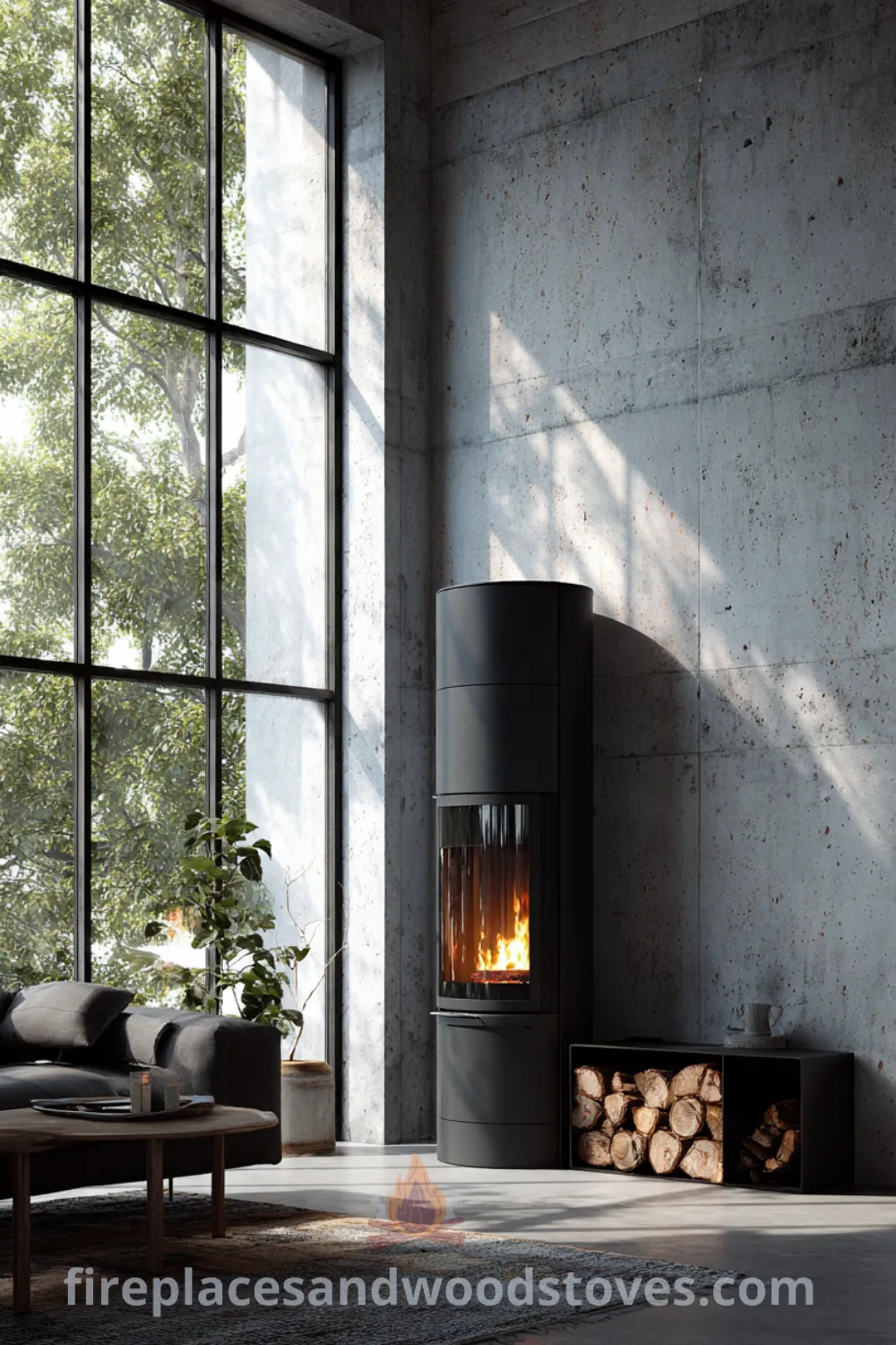 Sleek black steel cylindrical wood-burning stove in an open plan living space with industrial Scandinavian fireplace, minimalist interior design, and cozy warmth modern ambiance.