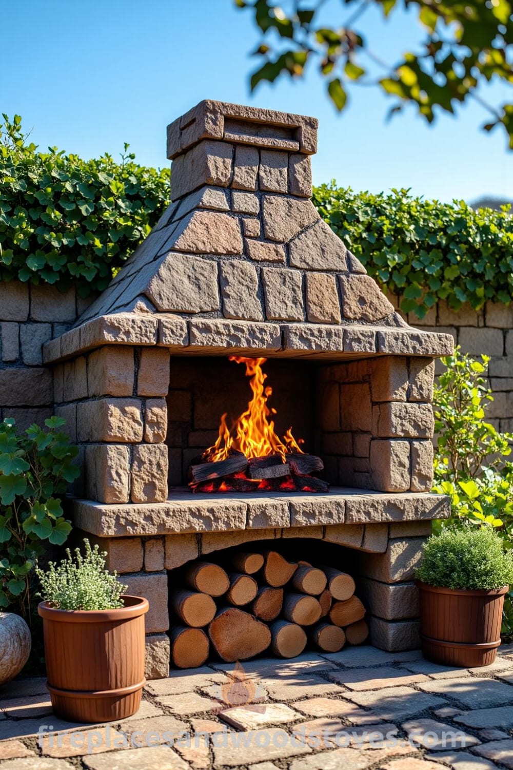 Cozy rustic stone outdoor barbecue in a sunlit garden corner, featuring a sturdy rock facade and flickering fire, surrounded by vibrant plants and fresh herbs, creating an inviting atmosphere for gatherings. For more unique ideas and inspirations, visit fireplacesandwoodstoves.com.