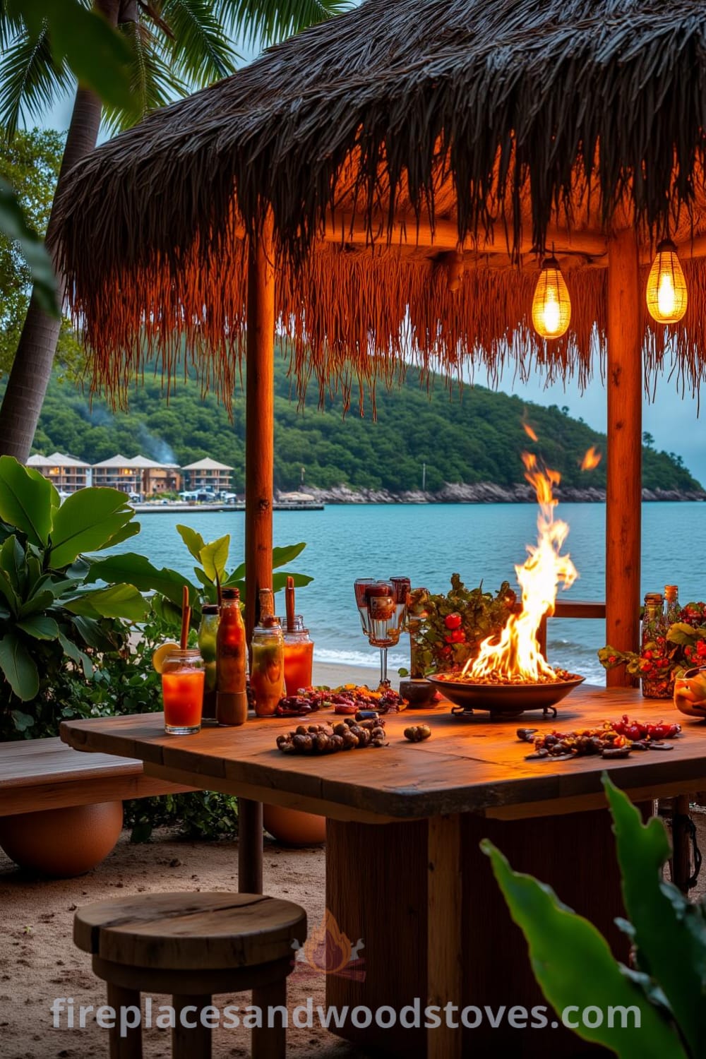 Tropical tiki outdoor barbecue under a palm-thatched roof, surrounded by lush greenery and filled with friends enjoying an evening feast, creating a cozy atmosphere; perfect ideas for your home from fireplacesandwoodstoves.com.