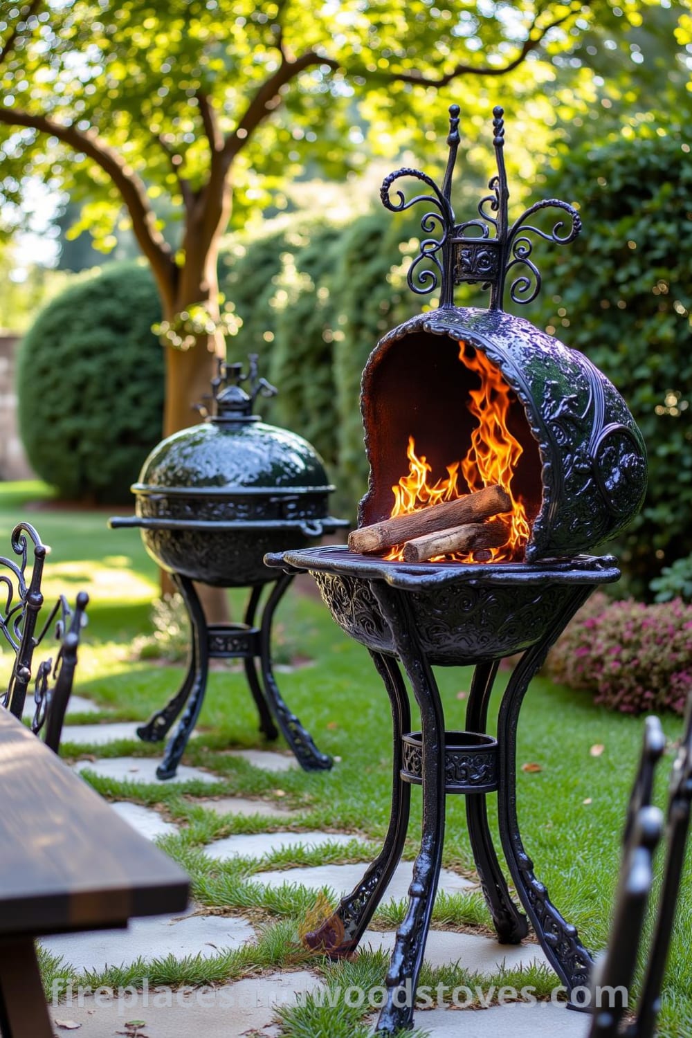 Victorian wrought iron outdoor barbecues in a sun-dappled garden, showcasing intricate scrollwork and flickering flames, alongside a rustic wooden table with mismatched chairs, creating a cozy outdoor living atmosphere. Visit fireplacesandwoodstoves.com for unique ideas and inspirations for your home.