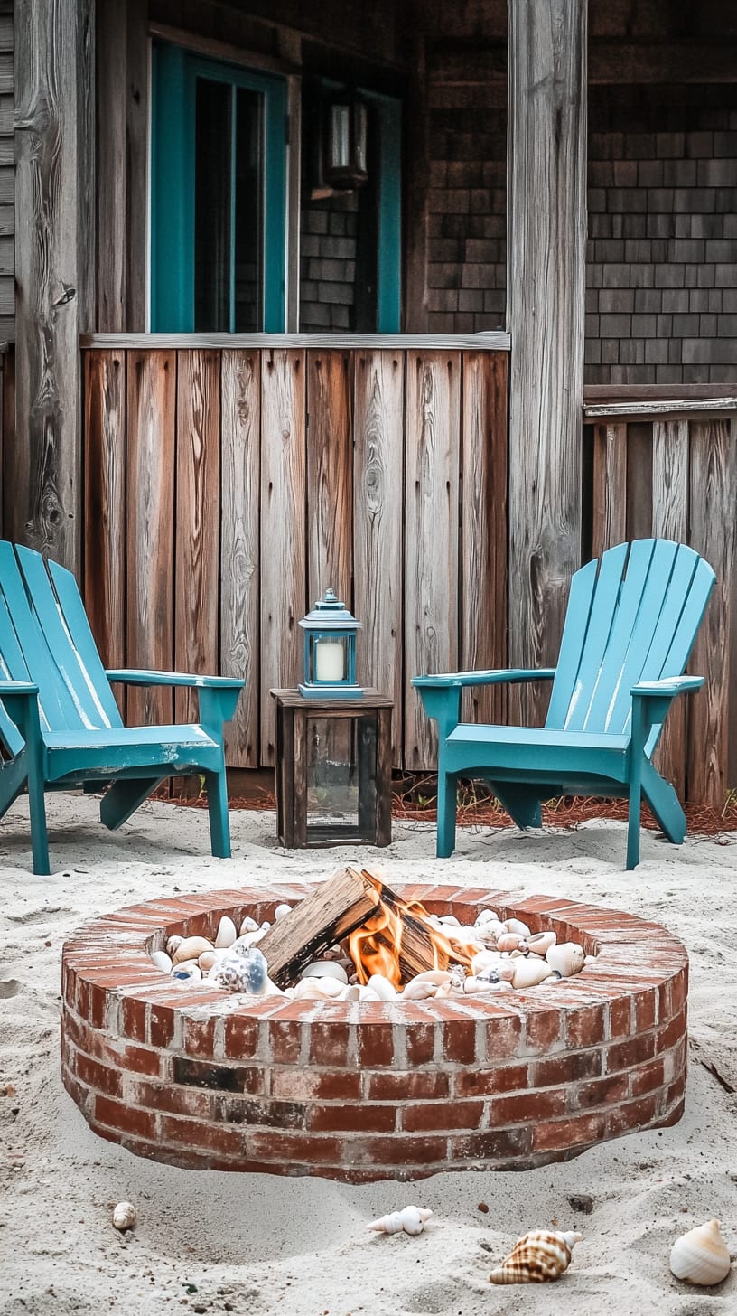 A vibrant scene depicting a vintage brick fire pit with blue Adirondack chairs on a sandy beach, surrounded by seashells and an old wooden beach house in the background.