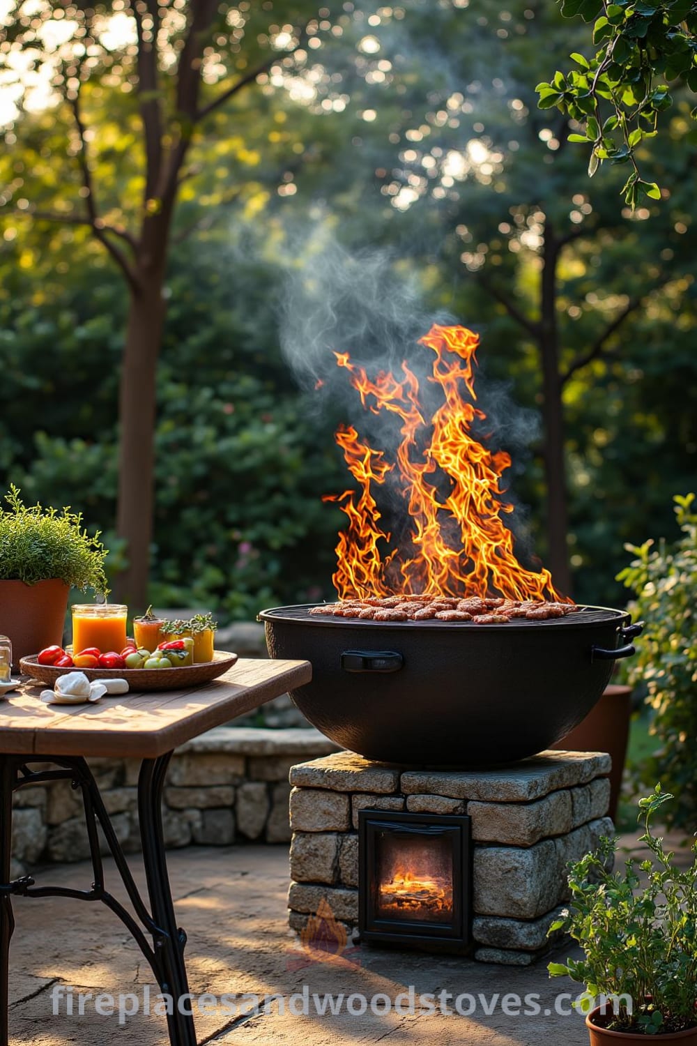 A cozy outdoor barbecue with a wrought iron grill and charred stone base, set against lush greenery and a rustic wooden table with fresh ingredients, featuring warm flickering flames and dappled shadows from tall trees, creating an inviting atmosphere for alfresco dining, ideal for decor ideas at fireplacesandwoodstoves.com.
