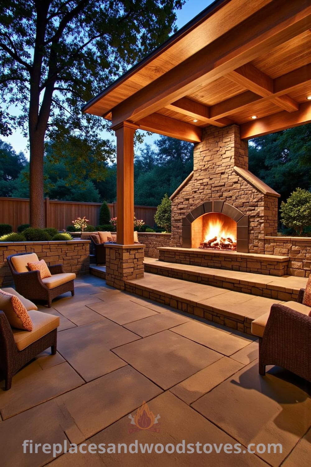 Cozy sunken patio with a beautifully crafted stone fireplace, surrounded by weathered cushions and rustic wooden beams, creating a warm atmosphere for relaxation and gatherings, featuring unique ideas for your home at fireplacesandwoodstoves.com.
