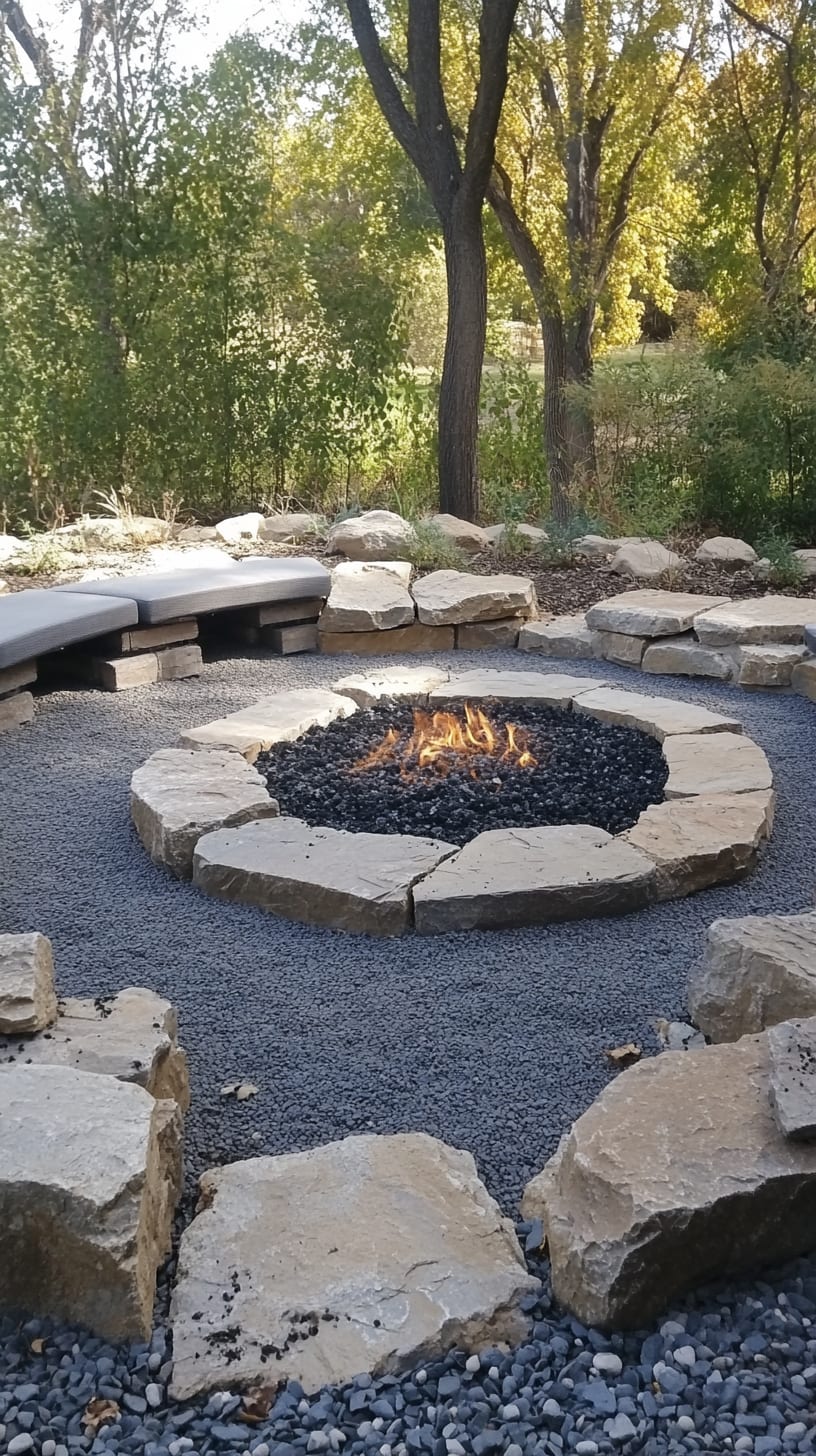 A cozy outdoor fire pit surrounded by flat stones, black lava rock, and comfortable seating, amidst lush trees and grass.