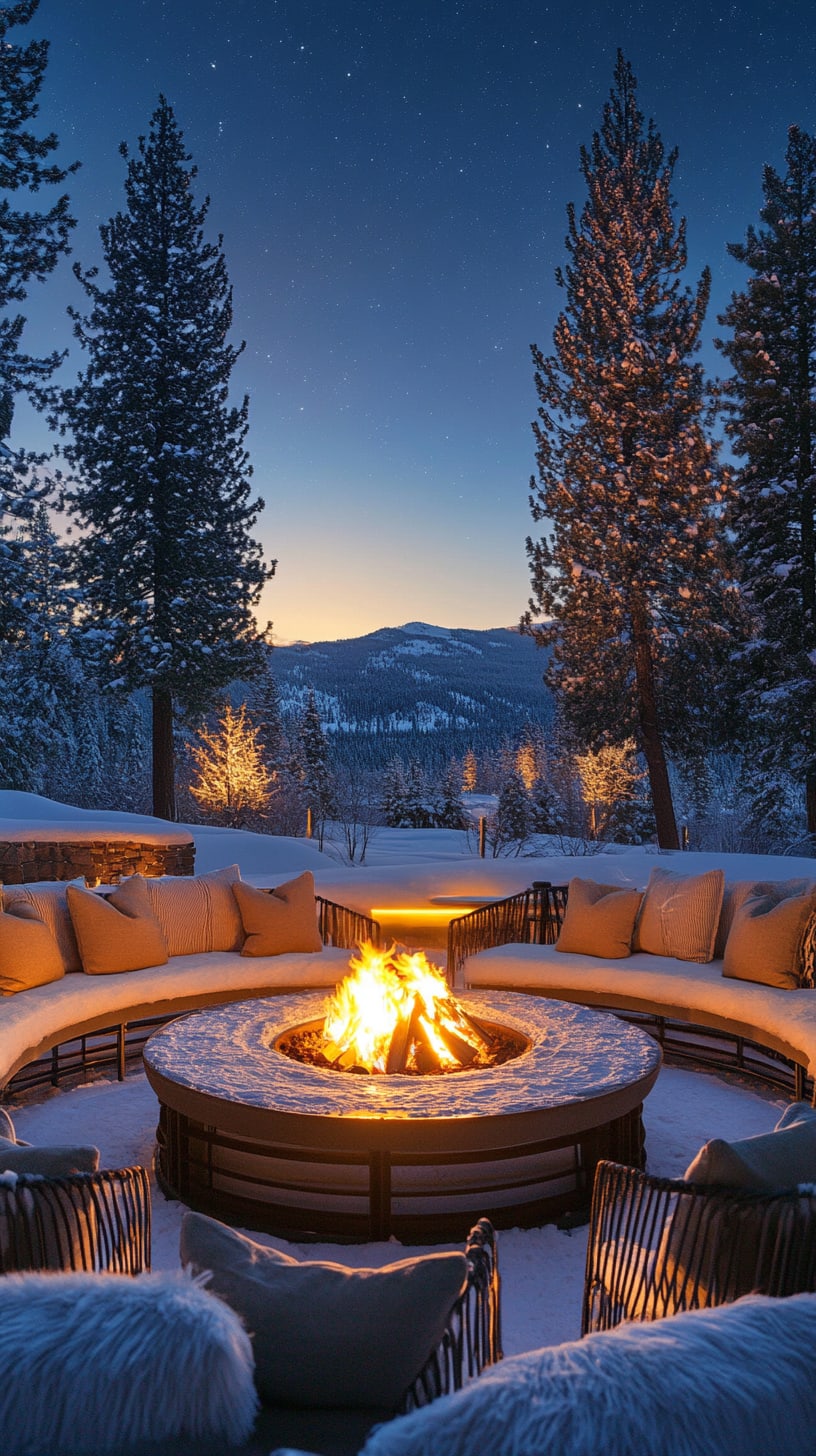 A cozy outdoor seating arrangement with plush cushions around a fire pit, surrounded by snowy trees and a starry sky, creating a warm and inviting atmosphere for gatherings.