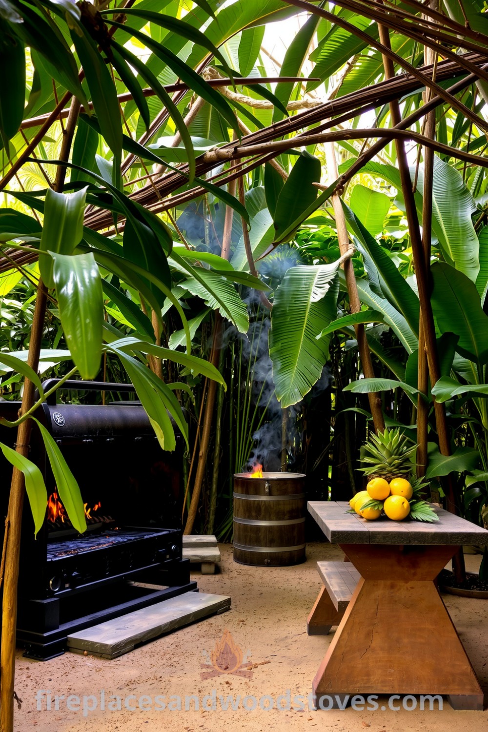 Cozy jungle canopy barbecue area with a wooden grill on a stone base, surrounded by lush greenery and a rustic picnic table adorned with tropical fruits. Ideal for creating inviting outdoor spaces, this setup inspires cozy home gatherings and outdoor decor ideas. Visit fireplacesandwoodstoves.com for more unique ideas.