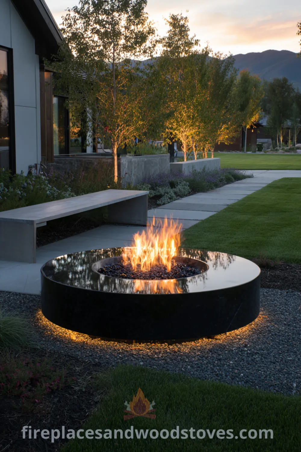 Contemporary fire pit area featuring a circular polished black stone fire pit, sleek outdoor furniture, and simple succulent landscaping.