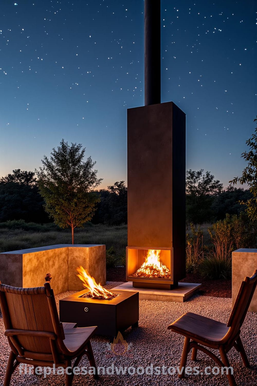 Industrial steel outdoor fireplace on a gravel patio surrounded by concrete and rusty metal accents, casting vibrant shadows with dancing flames, featuring inviting mismatched chairs and a starry sky backdrop, ideal for creating cozy ideas and decor inspirations for your home at fireplacesandwoodstoves.com.