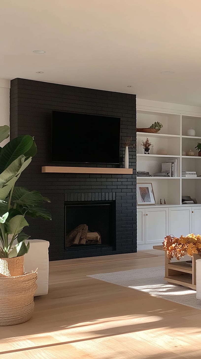 A cozy modern farmhouse living room with a black brick fireplace, large TV above, white built-in cabinets, light wood floors, and greenery in the decor.