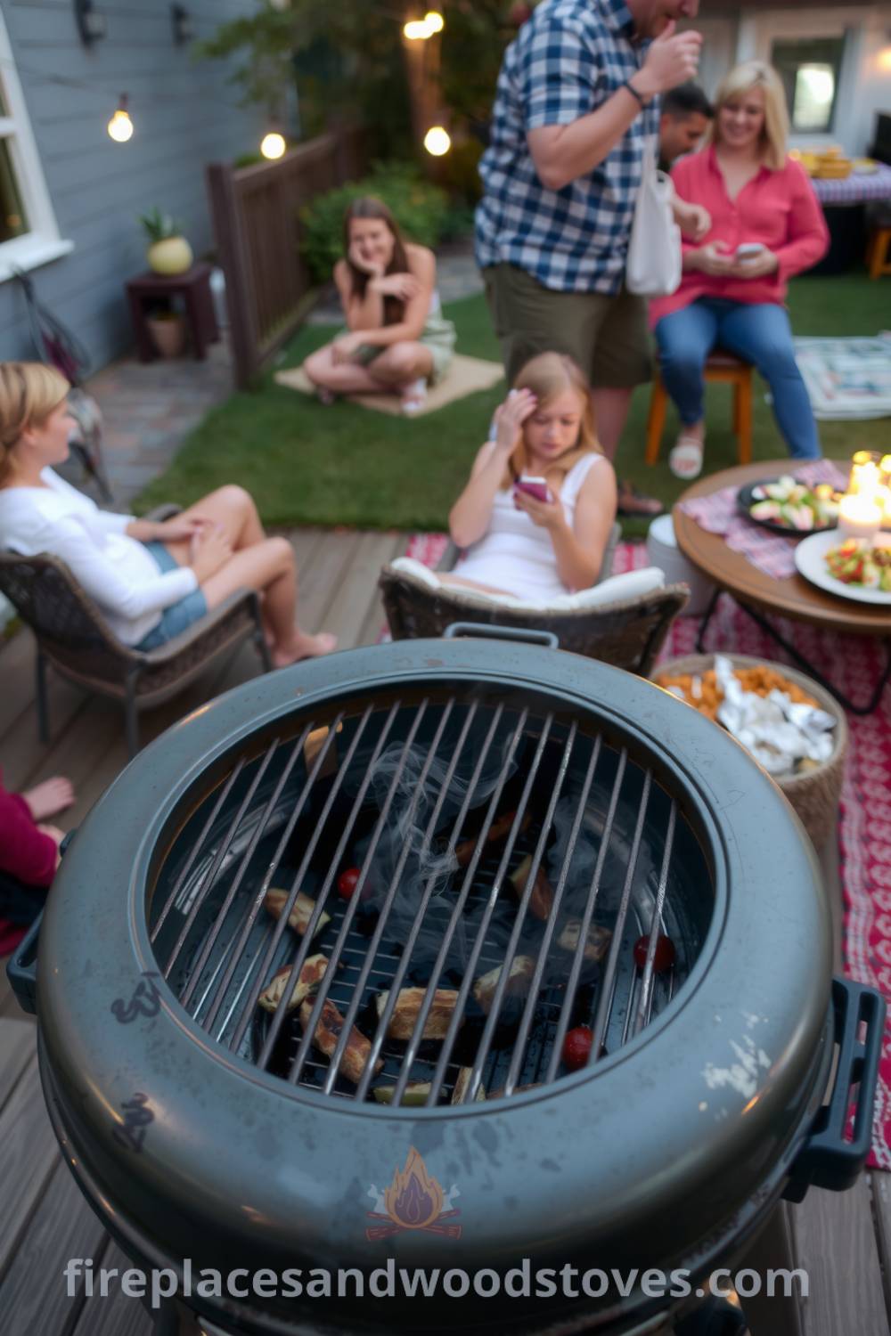 A cozy backyard barbecue scene featuring a used grill on a wooden deck surrounded by twinkling string lights, friends enjoying the evening with laughter, and the aroma of grilled vegetables and smoke, showcasing warm, inviting decor ideas for your home from fireplacesandwoodstoves.com.