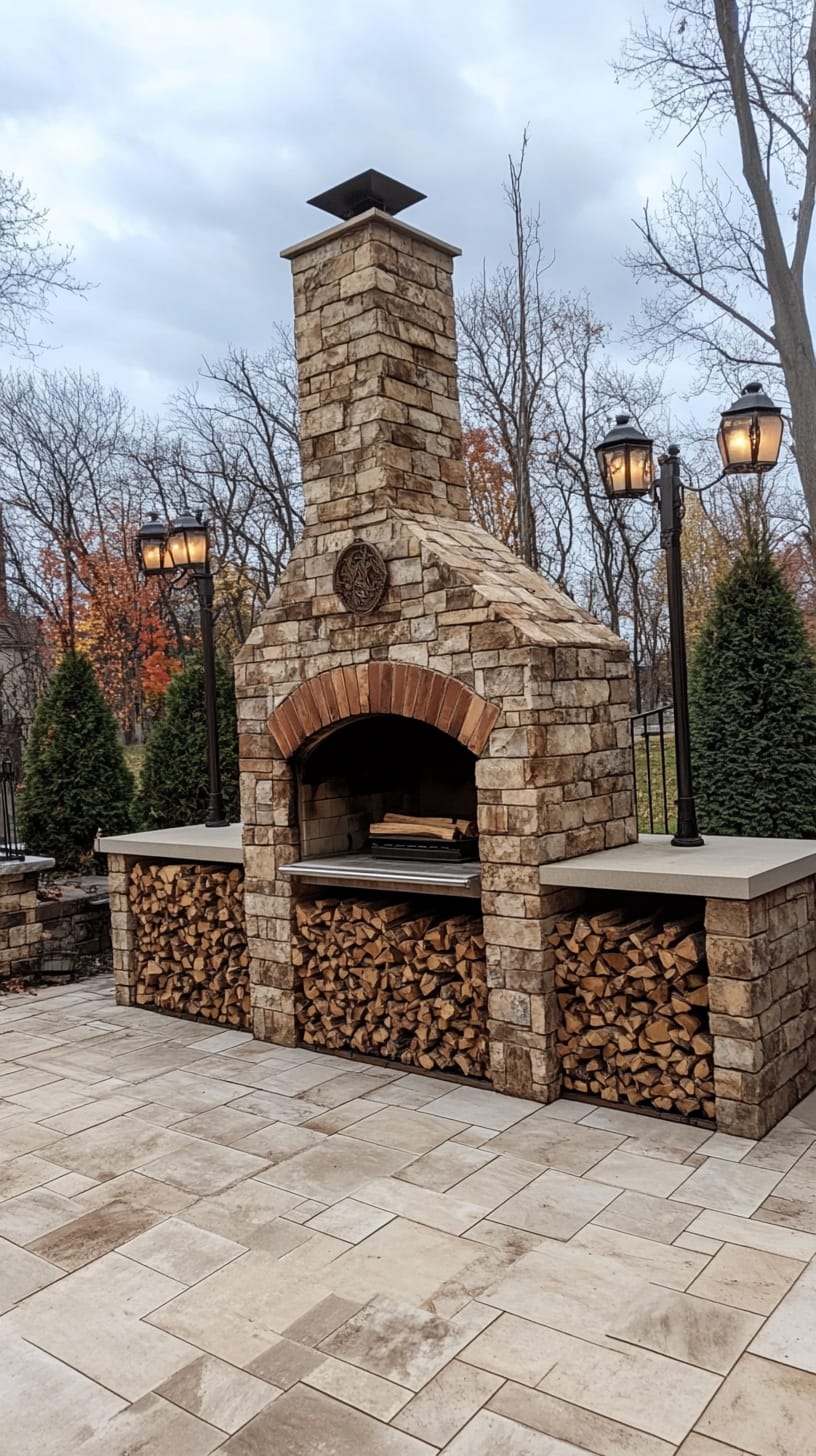 A stone outdoor pizza oven surrounded by a beautiful brick patio, lanterns, and firewood in a spacious backyard.