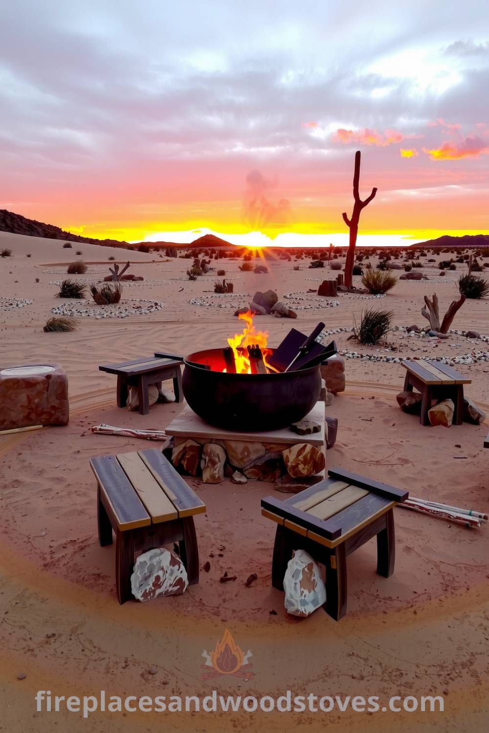 Desert oasis barbecue scene on a sandstone base, surrounded by golden sands and sparse vegetation, featuring a cozy wood-burning fire, rustic wooden benches, and a stunning sunset in hues of orange and purple, ideal for outdoor gatherings and decor inspirations. Visit fireplacesandwoodstoves.com for cozy ideas.