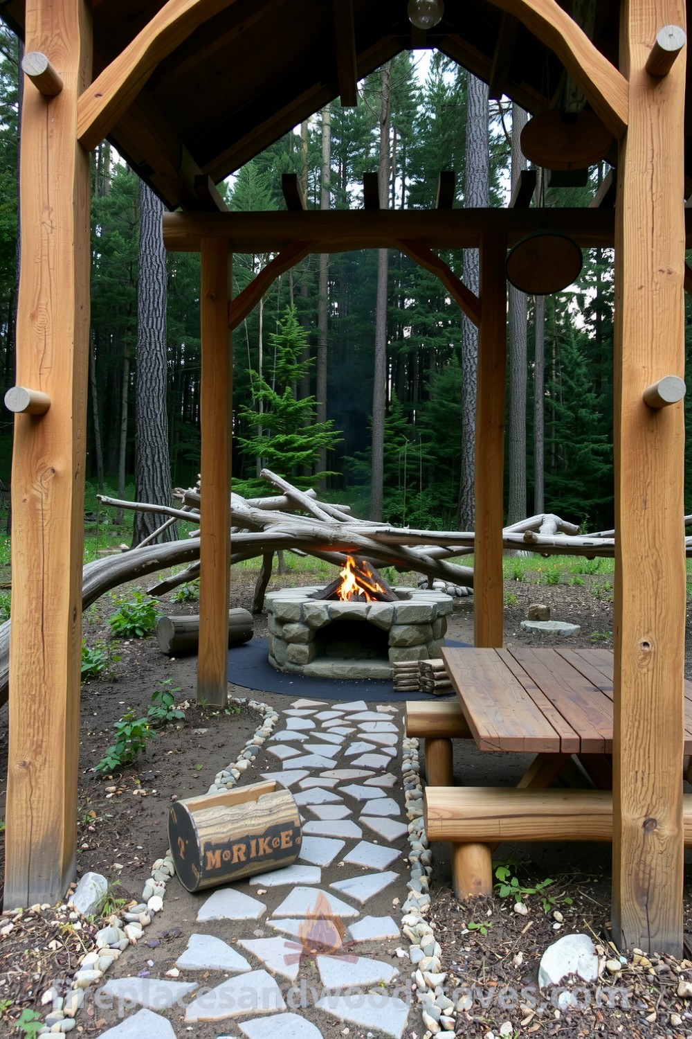 Cozy outdoor barbecue space in a wild forest featuring wooden beams, a stone hearth with a blazing fire, a rustic log table ready for grilled delights, and a path of uneven stones leading through the serene wilderness, providing cozy ideas and decor inspirations for your home at fireplacesandwoodstoves.com.
