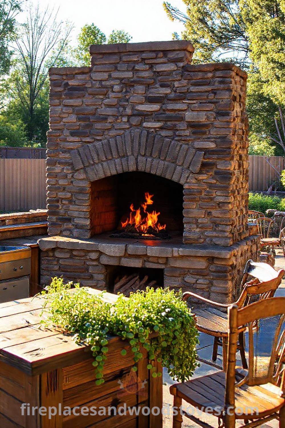 Outdoor kitchen featuring a rustic stone fireplace, weathered wooden countertops, and vibrant herbs, creating a cozy and inviting atmosphere for gatherings. Visit patioandhomefurniture.com for creative ideas that will wow your guests.