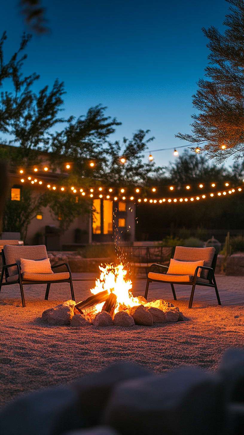 A serene outdoor scene featuring a cozy fire pit surrounded by chairs, illuminated by string lights in the Arizona desert at dusk.
