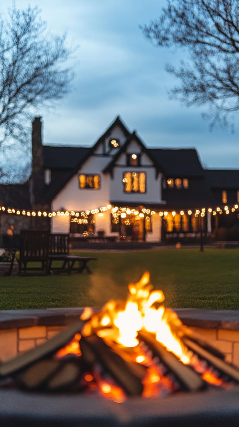 A cozy outdoor fire pit with warm flames in front of a white mansion, surrounded by green lawns and fairy lights, creating an inviting evening atmosphere.