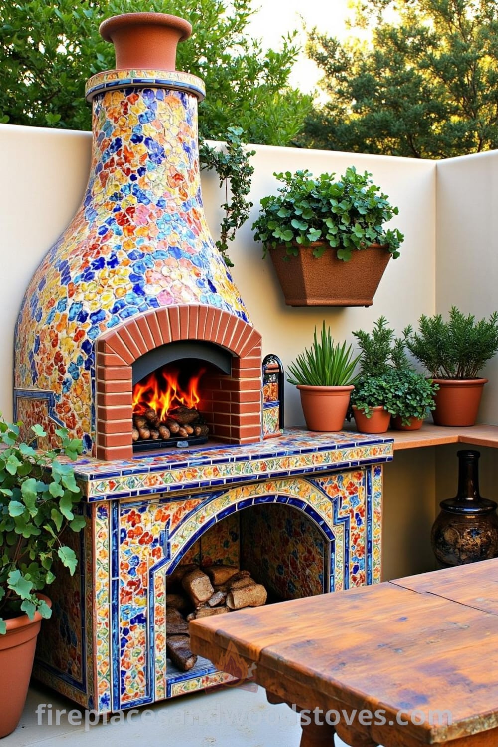Mediterranean tile outdoor barbecue with vibrant ceramic tiles, a rustic brick oven emitting amber flames, surrounded by terracotta pots of herbs and a weathered wooden table, creating a cozy atmosphere in a sun-drenched courtyard, offering unique ideas for your home at fireplacesandwoodstoves.com.