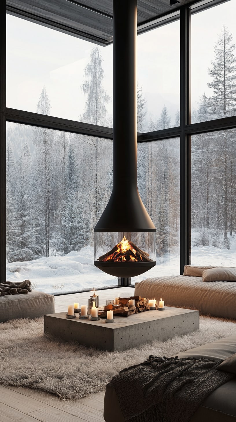 A modern Scandinavian living room featuring a suspended fireplace, large windows overlooking a snowy forest, and a cozy atmosphere with candles and plush rugs.