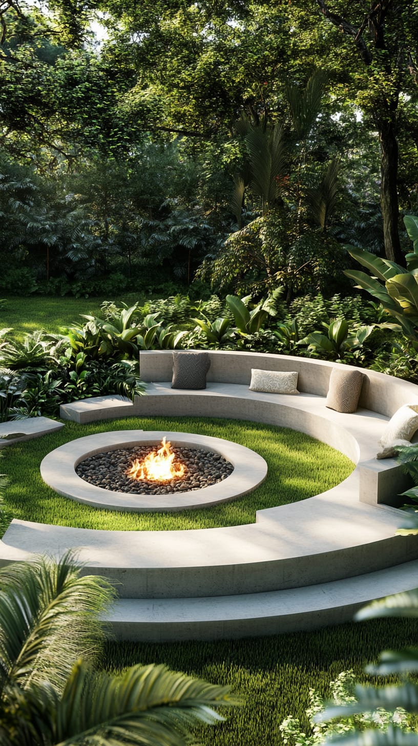 A circular fire pit surrounded by seating in a lush garden, creating a tranquil outdoor relaxation space.