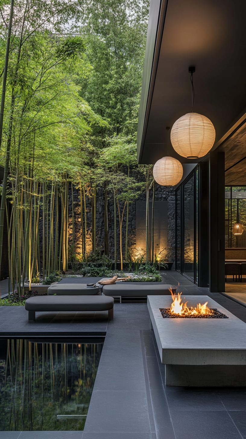 A modern minimalist courtyard featuring a bamboo forest, black walls, concrete seating areas, and a fire pit, illuminated by pendant lights and surrounded by lush greenery.