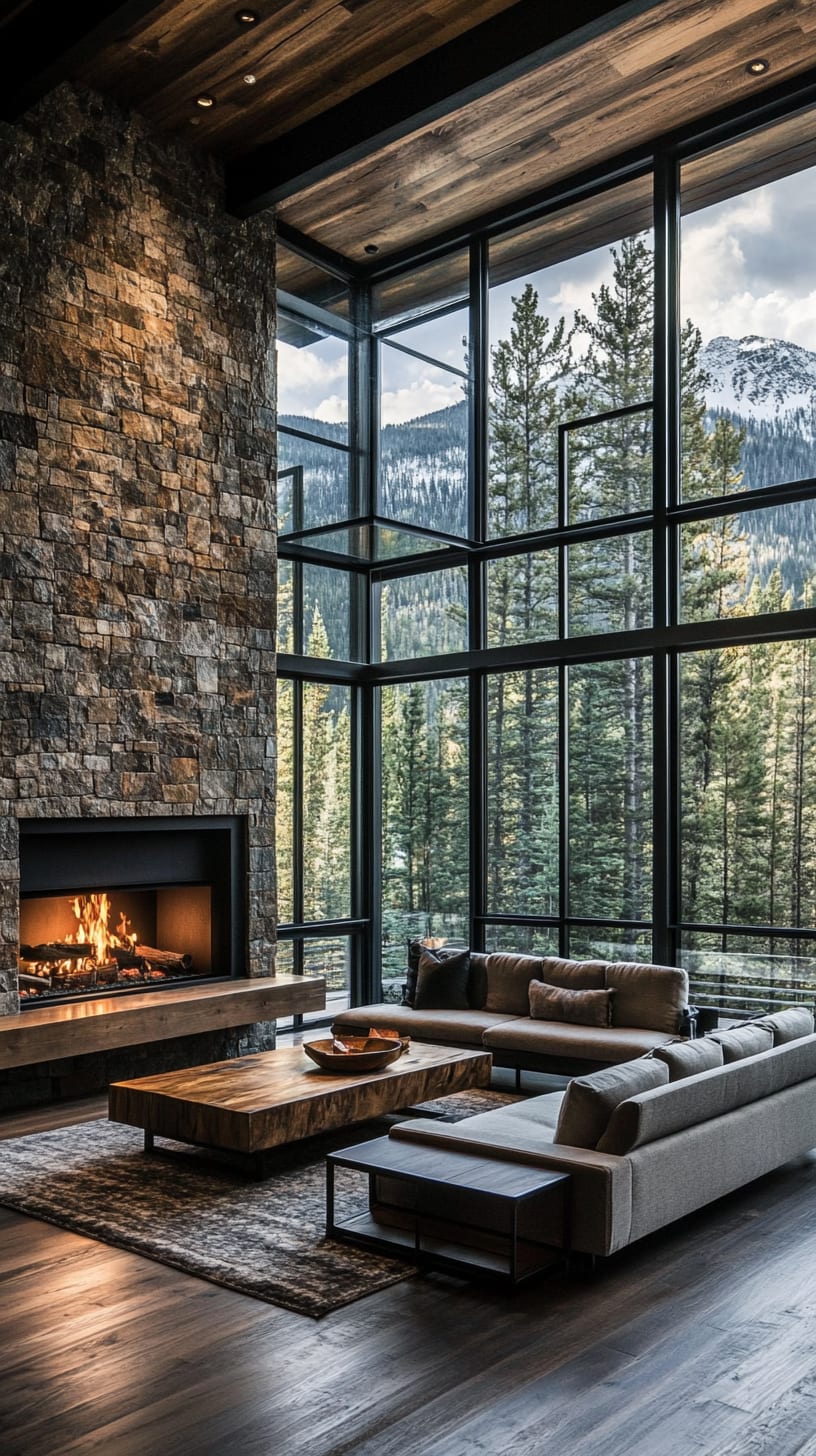 A luxurious modern cabin living room featuring stone and wood walls, a fireplace, and large windows overlooking lush forests and mountains.