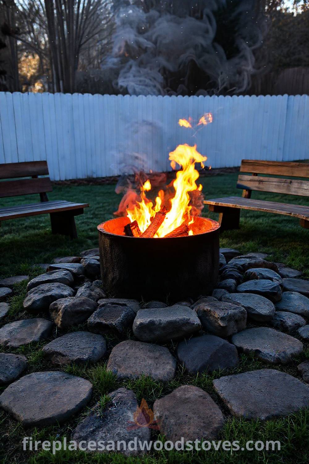 Cozy backyard with a rustic wood-burning fire pit surrounded by weathered stones, inviting friends for gatherings under the starlit sky. Visit patioandhomefurniture.com for incredible ideas that will wow your guests and transform your backyard into a stylish retreat.