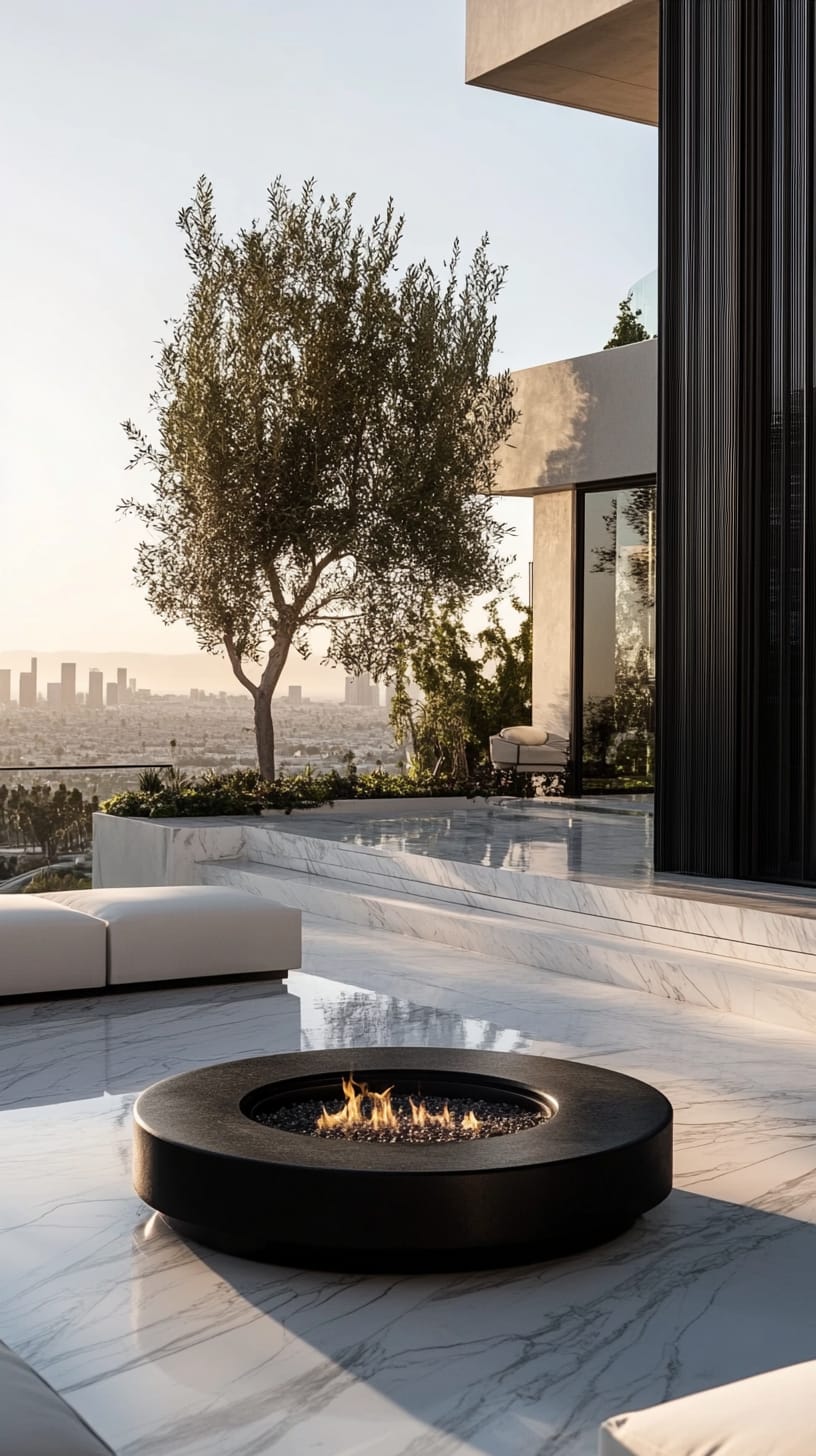 A minimalist black circular fire pit on a marble terrace of an ultra-luxury mansion in Los Angeles, surrounded by olive trees and overlooking the city skyline.