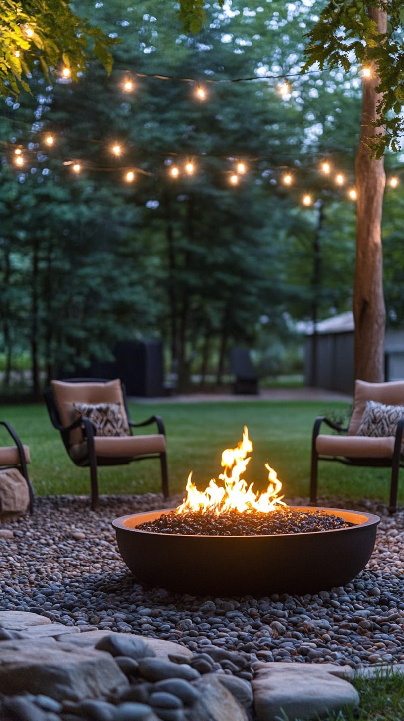 A cozy fire pit surrounded by outdoor chairs and string lights in a backyard, creating an inviting atmosphere for gatherings.